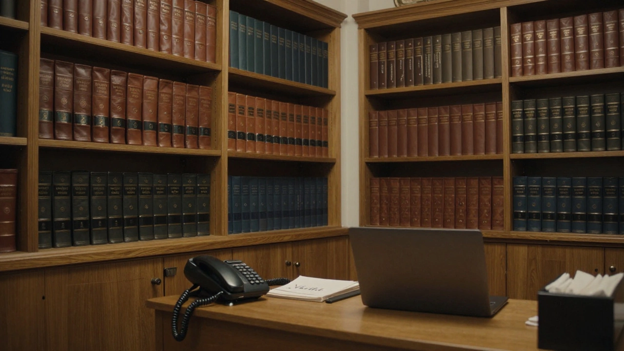 Cozy agency office with wooden shelves and a handwritten &#039;Vérifié&#039; note, soft lamplight.