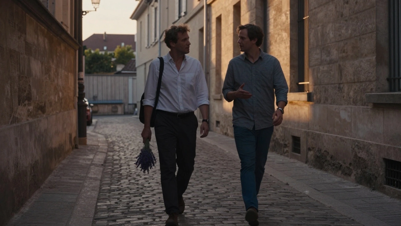 Two people walking calmly down a cobbled alley at sunset, lavender in hand, stone walls glowing.